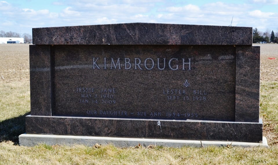 Low mahogany granite ledger memorial with a moulded top slab, standing alone in an open cemetery